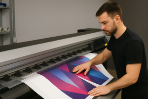 Vyras spausdina reklamą